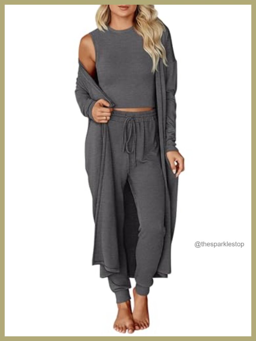 3 Piece Lounge Set Crop Tank Jogger Pants Cardigan Travel Outfit